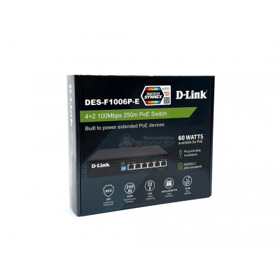 D-Link Unmanage PoE Switch/Hub 6 Port 250 เมตร (4 PoE + 2 Uplink) รุ่น DES-F1006P-E