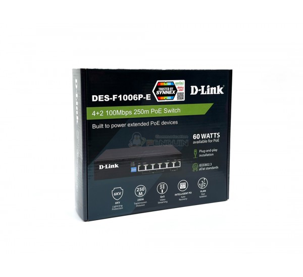D-Link Unmanage PoE Switch/Hub 6 Port 250 เมตร (4 PoE + 2 Uplink) รุ่น DES-F1006P-E