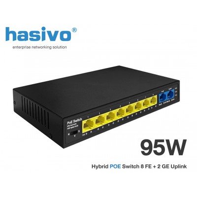 Hybrid PoE Switch 8 POE (10/100) + 2 Gigabit Uplink (95W) ยี่ห้อ hasivo รุ่น S1100P-8F-2G-SE