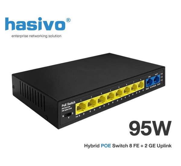 Hybrid PoE Switch 8 POE (10/100) + 2 Gigabit Uplink (95W) ยี่ห้อ hasivo รุ่น S1100P-8F-2G-SE