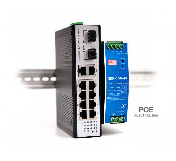 SET | Gigabit Industrial POE Switch 8 POE + 2GE + 2SFP with Din Rail Power Supply 48v