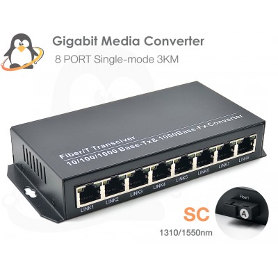 Gigabit WDM Media Converter 8 Port Lan + SC fiber 3KM