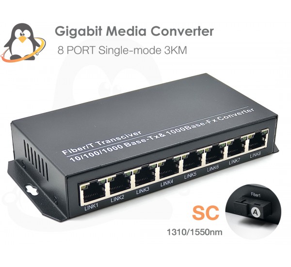 Gigabit WDM Media Converter 8 Port Lan + SC fiber 3KM