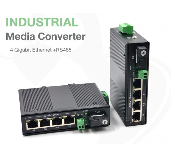 (2-in-1) Gigabit Industrial Media Switch 4 GE with RS485 - 20KM