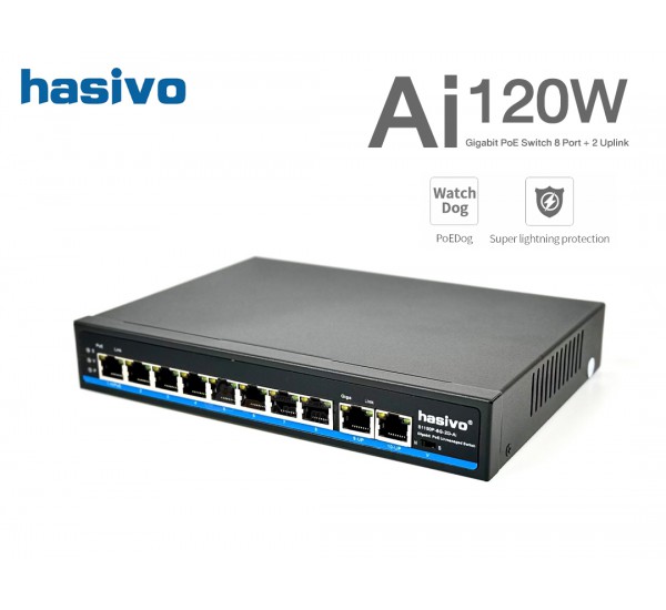 Full Gigabit Ai PoE Switch 8 Port+ 2 Uplink (120W) hasivo รุ่น S1100P-8G-2G-Ai