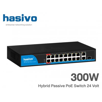 Passive PoE Switch 24V (Hybrid) 16 Port + 1 GE Uplink + 1 GE (COMBO) 300W