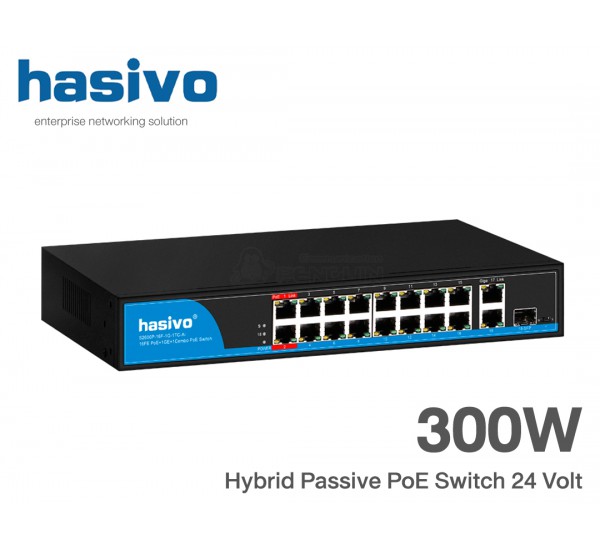 Passive PoE Switch 24V (Hybrid) 16 Port + 1 GE Uplink + 1 GE (COMBO) 300W