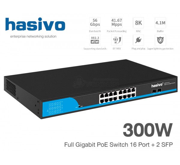 Full Gigabit PoE Switch 16 Port + 2 SFP (300W) hasivo รุ่น S5800P-16G-2S