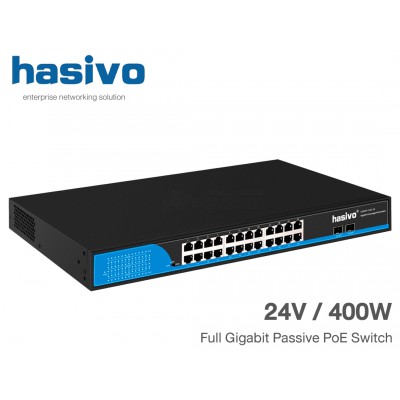 Full Gigabit Passive PoE Switch (24V) 24 Port + 2 SFP 400W | hasivo รุ่น S5800P-24G-2S-FB(24)