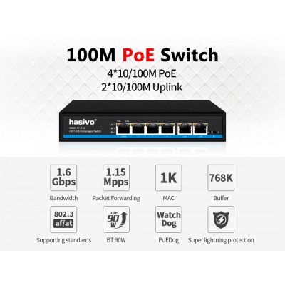 10/100 PoE Switch 4 Port + 2 Uplink (Ai, PoEDog) Hasivo รุ่น S600P-4F-2F-Ai