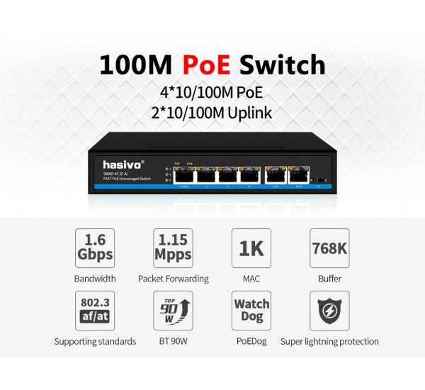 10/100 PoE Switch 4 Port + 2 Uplink (Ai, PoEDog) Hasivo รุ่น S600P-4F-2F-Ai