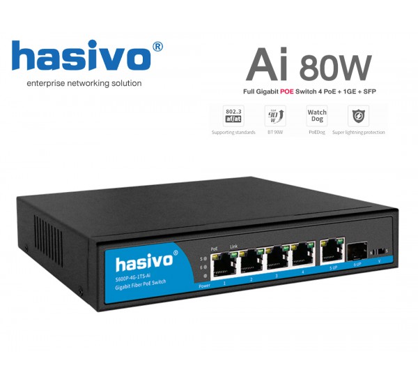 Full Gigabit Ai PoE Switch 1SFP+5GE (80W) Hasivo รุ่น S600P-4G-1TS-AI