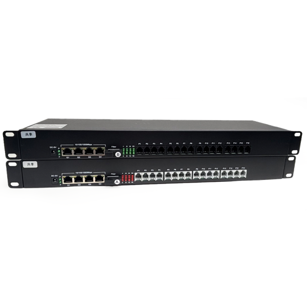 เครื่องแปลงโทรศัพท์ 16 ช่อง + 4 LAN Gigabit ผ่านไฟเบอร์ (1U Rackmount)