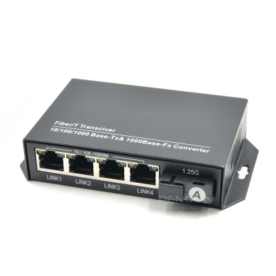 Gigabit Fiber Media Converter | 1 Fiber + 4 LAN | SC Single-Mode | WDM A | 3km