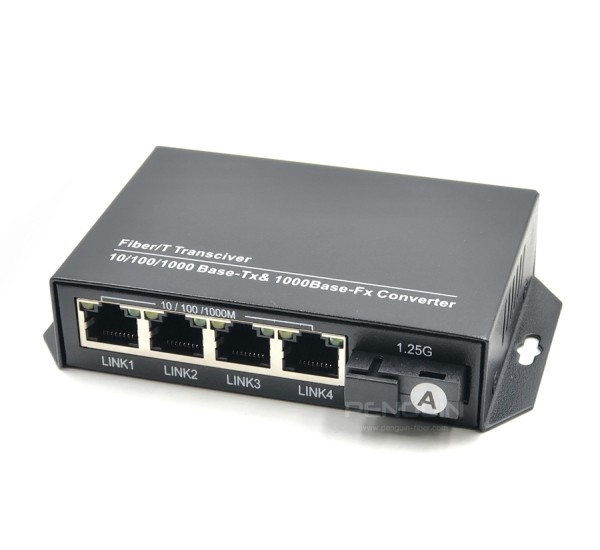 Gigabit Fiber Media Converter | 1 Fiber + 4 LAN | SC Single-Mode | WDM A | 3km