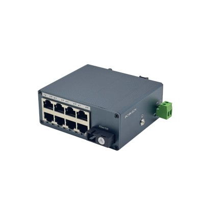 Mini Industrial Gigabit Fiber Media Converter | 1 SC (WDM A) + 8 LAN | 20km