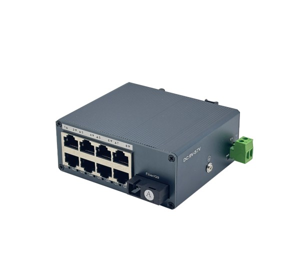 Mini Industrial Gigabit Fiber Media Converter | 1 SC (WDM A) + 8 LAN | 20km