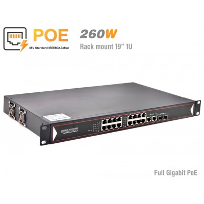 Gigabit PoE Switch 16 PoE + 2 GE + 2 SPF (Rack Mount 19" 1U)