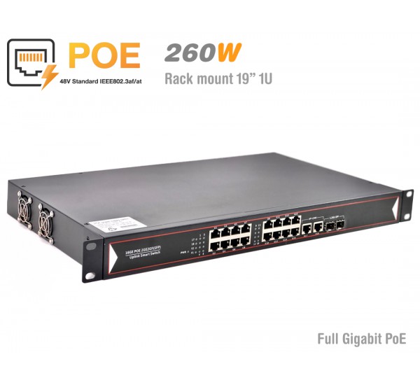 Gigabit PoE Switch 16 PoE + 2 GE + 2 SPF (Rack Mount 19" 1U)
